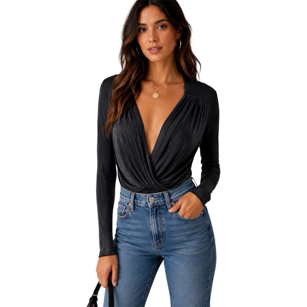 Free People Intimately Black Slinky Bodysuit Blouse Draped Deep V. Sz M. NWOT